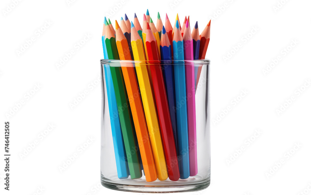 The colored pencils are neatly arranged in the glass, showcasing their vibrant colors and different lengths. on a White or Clear Surface PNG Transparent Background.