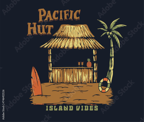 pacific beach hut with palm tree vector design, beach juice bar, retro summer beach artwork for t shirt, sticker, poster, graphic print
