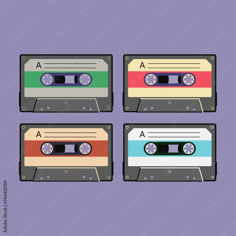 Colorful retro audio cassette tape, vector vintage illustration set