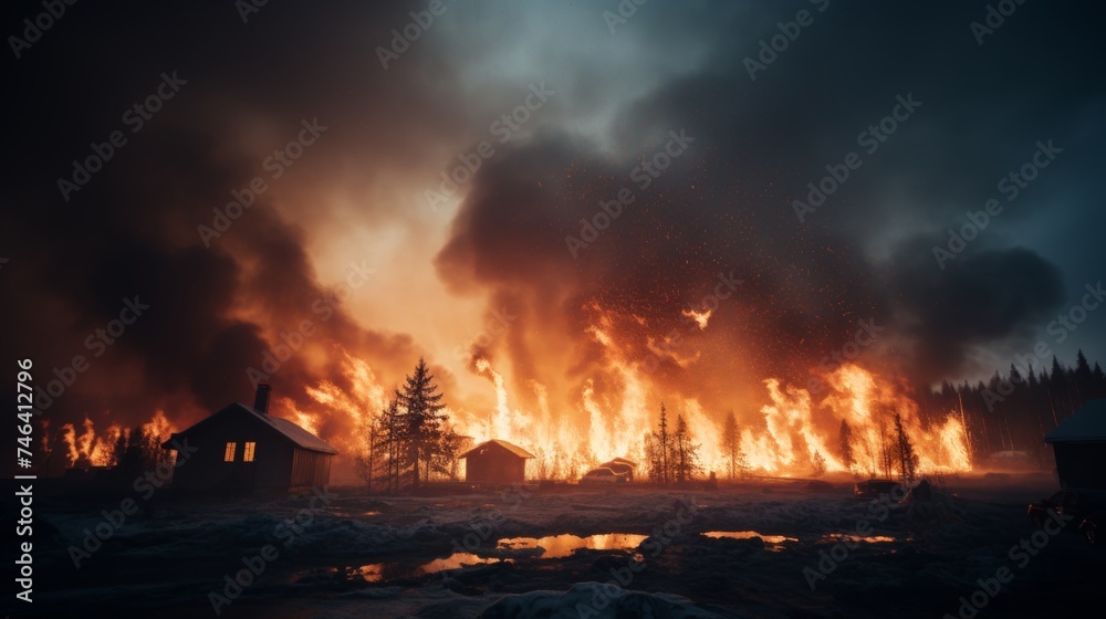 Devastating large-scale forest fire engulfs house, catastrophic natural disaster