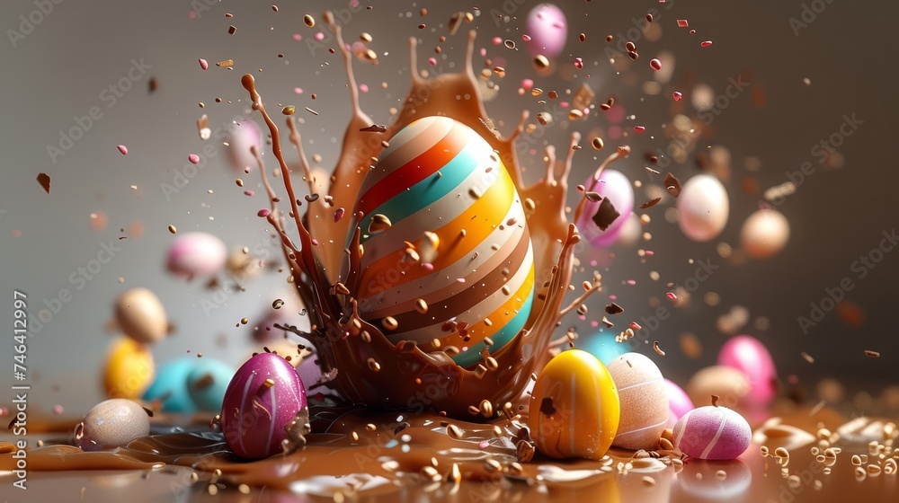 œuf de paque en chocolat avec motifs qui éclabousse du chocolat liquide