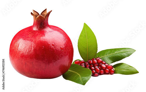A vibrant pomegranate lies beside green leaves. The leaves are fresh and the pomegranate is ripe, showcasing natures beauty. on a White or Clear Surface PNG Transparent Background.