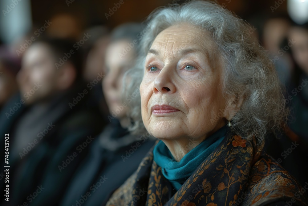 An older woman with grey hair stands and recites Amidah, a Jewish prayer, wearing a blue scarf.