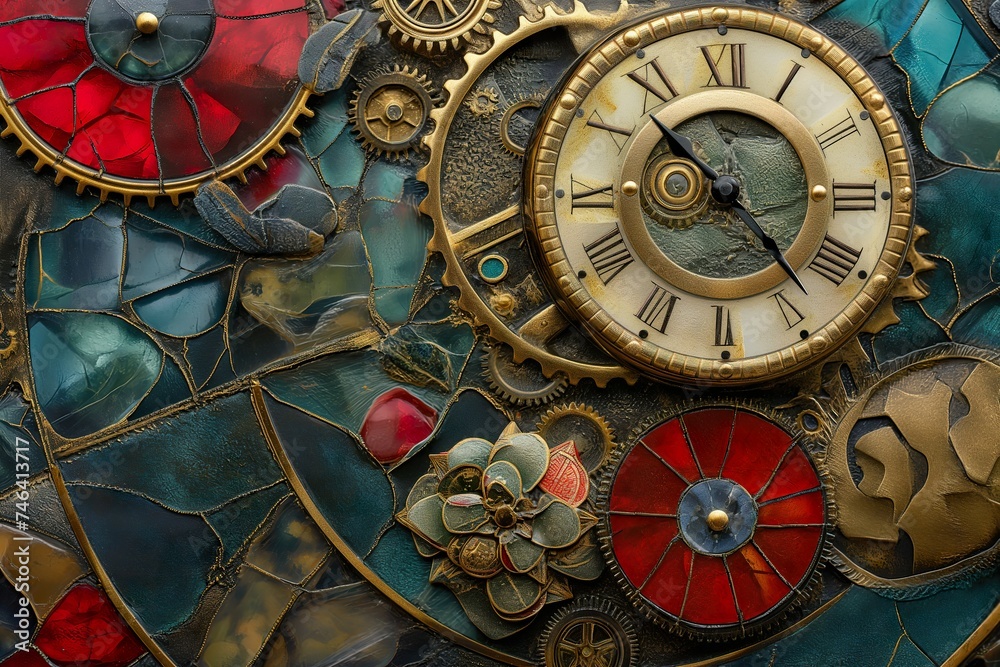A detailed view of a wall clock showcasing its intricate mechanisms and composition.