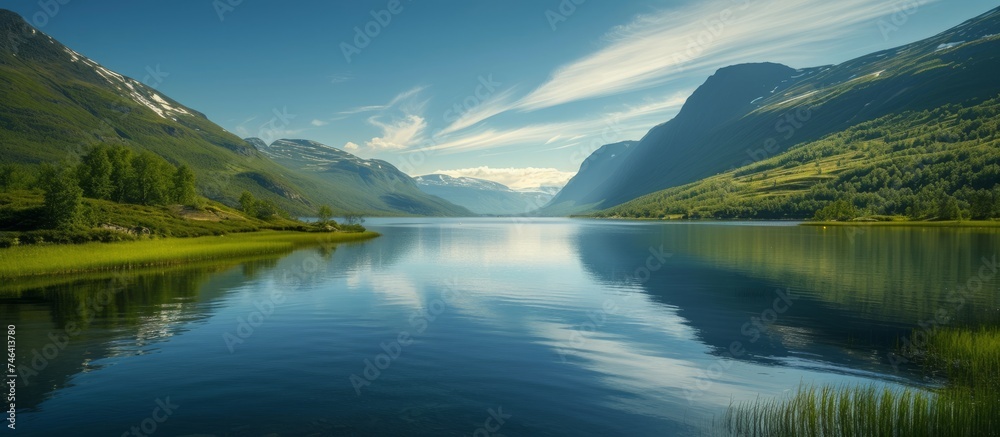 Tranquil lake with majestic mountain in the background, serene nature landscape view