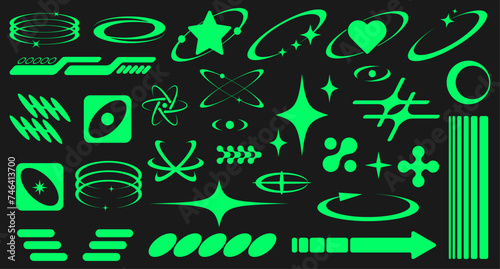 Set of green abstract retro futuristic Y2K elements and shapes isolated on a black background. Y2K geometric shapes, forms, symbols for template, poster, banner, web, stickers, logo, social media.