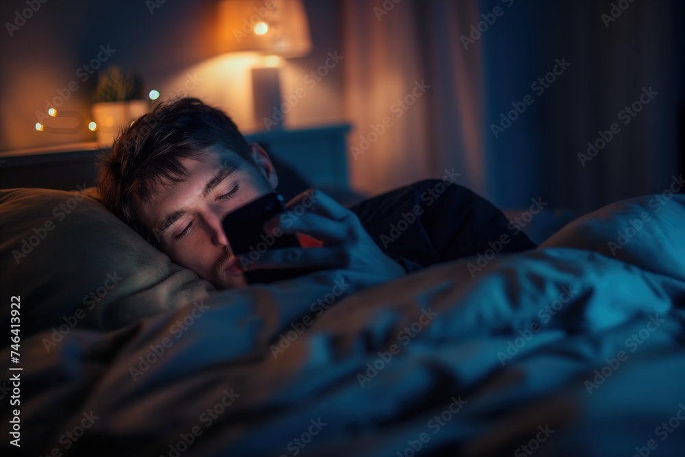 Obraz premium An anonymous man lies in bed at night, engrossed in his smartphone.