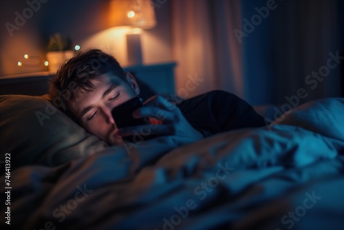 An anonymous man lies in bed at night, engrossed in his smartphone.