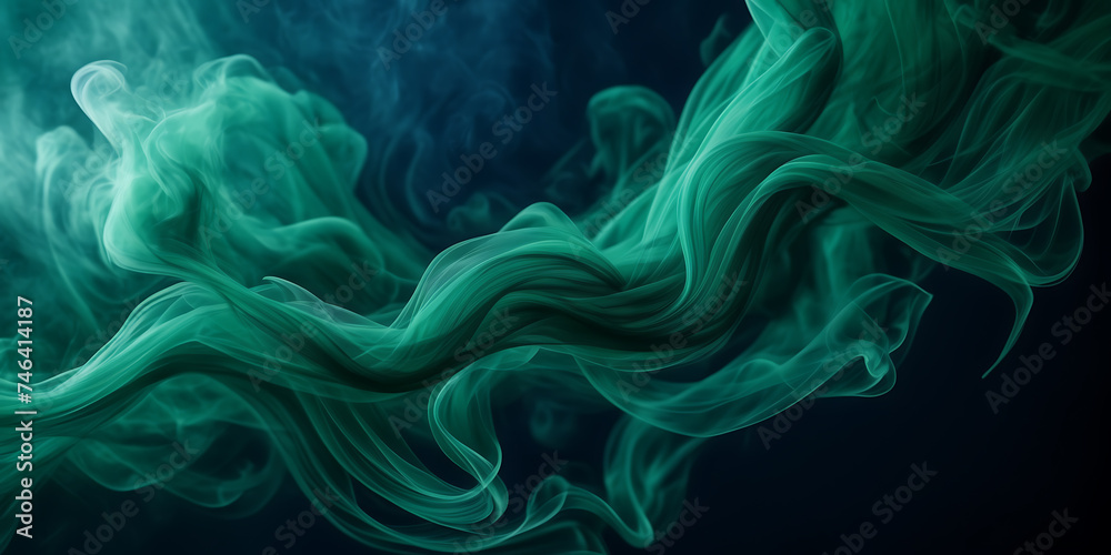 Image showcasing the mesmerizing dance of emerald green smoke tendrils against a canvas of deep navy blue. - obrazy, fototapety, plakaty 