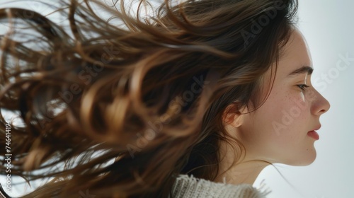 A beautiful young female model with beautiful brunette hair shaking her beautiful ad for shampoo conditioner hair products isolated on white