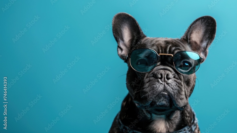 A cute and happy french bulldog dog wearing cool sunglasses in summer on a colorful background