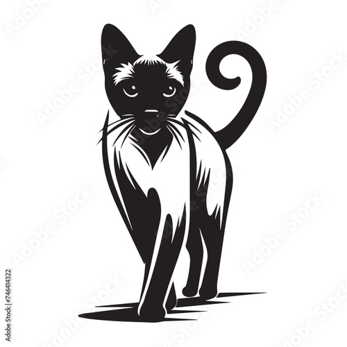 Vintage Retro Styled Vector Siamese Cat Silhouette Black and White - illustration 