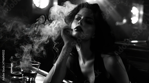 Seductress in Noir: A Dark Femme Fatale Sits in a Noir Bar, Exuding Mystery and Allure, Capturing the Intrigue of Classic Film Noir Aesthetics photo