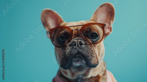 A cute and happy french bulldog dog wearing cool sunglasses in summer on a colorful background © เลิศลักษณ์ ทิพชัย
