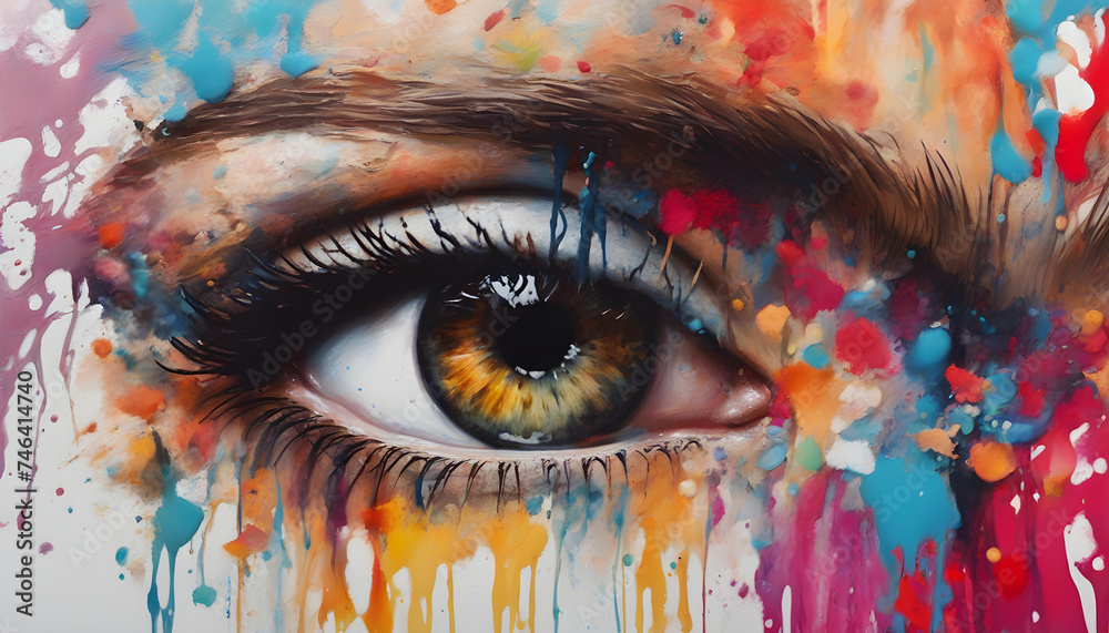 Artistic Depiction: Women's Eyes Enhanced with Bright Paint Splashes - Interior Decor Inspiration