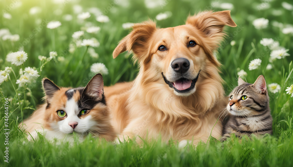 Cute dog and cat lying together on a green grass field in a spring sunny background Cute dog and cat lying together on a green grass field in a spring sunny background