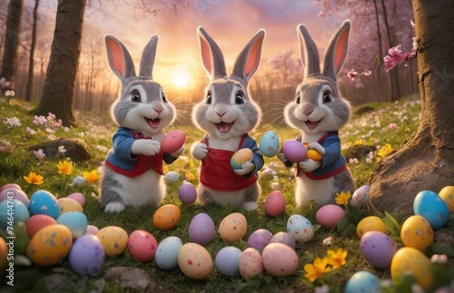 Cute servant rabbits are happy and smiled and played around the Easter eggs with colorful spring flowers. In the forest, amazing lighting sunset. 