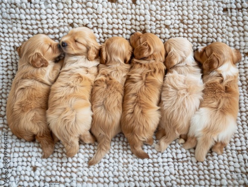 Five super fluffy golden retriever puppies cozily snuggled together, showcasing pure joy and cuteness on a plain background.