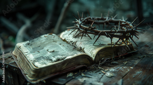 The crown of thorns rests on the Bible, the crown of Jesus Christ rests on the book