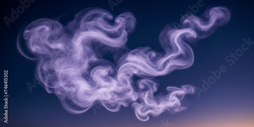 Photograph capturing the mesmerizing patterns formed by billowing lavender smoke against a moonlit sky.