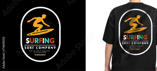 textured vintage surfing t-shirt design. T shirt print design with surf riders in frame. T-shirt design with typography of surfing for tee print, apparel and clothing.