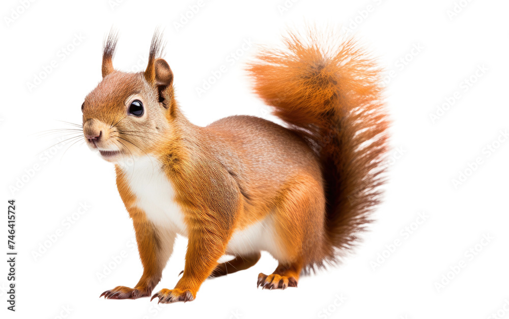 Obraz premium Red Squirrel Standing on Hind Legs. It appears alert and focused, possibly on the lookout for food or predators in its natural habitat. on a White or Clear Surface PNG Transparent Background.