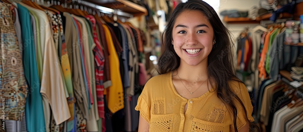 A confident young Hispanic woman is standing in front of a rack of various clothes in a store, browsing through the selection with a smile on her face.