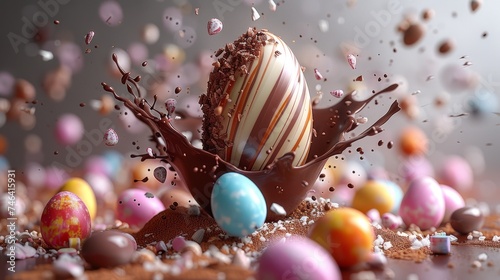 œuf de paque en chocolat avec motifs qui éclabousse du chocolat liquide 