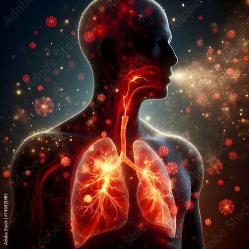 Human body silhouette with red inflamed lungs and airway. Pollen floating around the body.