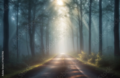 Foggy dark road in the forest