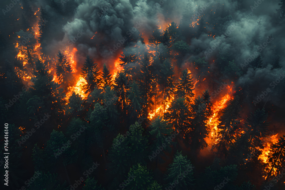 Forest Engulfed in Intense Wildfire