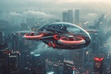 futuristic manned roto passenger drone flying in the sky over modern city for future air transportation and robotaxi concept as wide banner with copy space area 