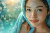 Asian woman shows off beautiful skin using skin care creams and serums