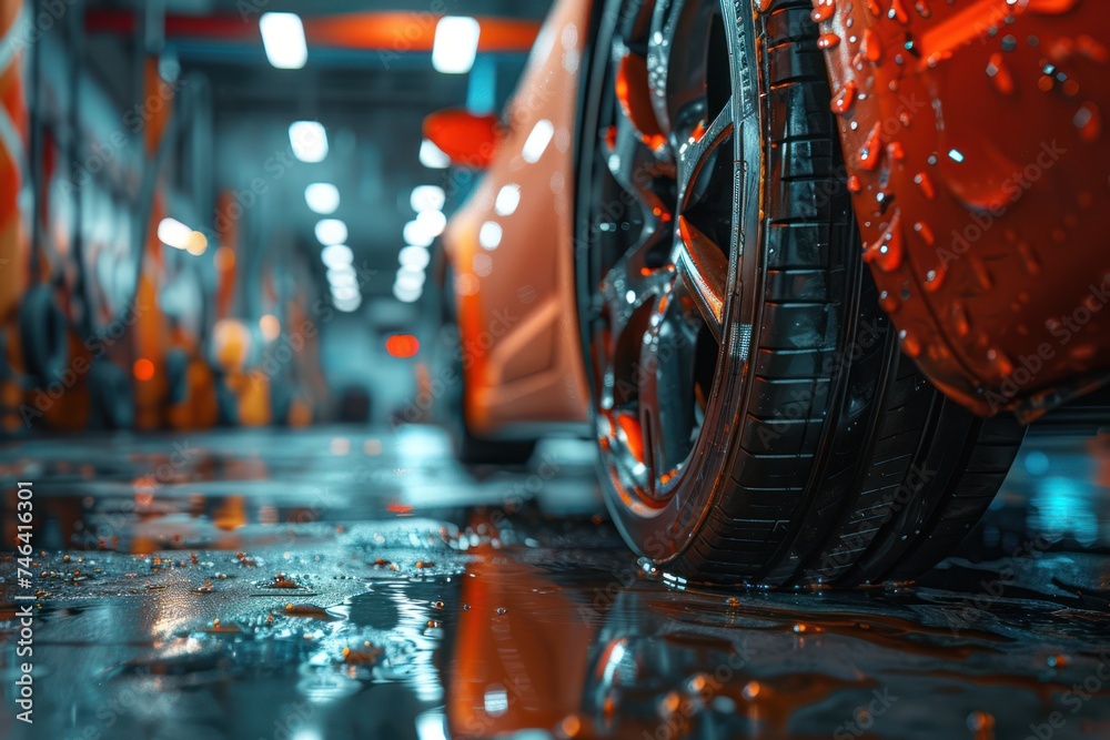 Car care maintenance and servicing, Tires in the auto repair service center, customer of a tire dealer, repairing change spare part problem and insurance service support the range of car check. - obrazy, fototapety, plakaty 