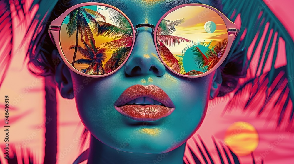 features a stylized portrait of a woman with an emphasis on vibrant tropical elements. The woman is wearing large, round sunglasses that reflect an idyllic beach scene with palm tree - obrazy, fototapety, plakaty 