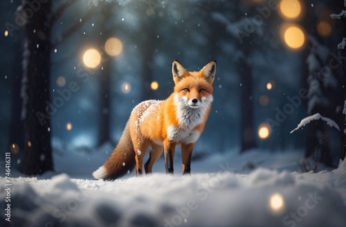 Fox in the dark snow lush forest in winter