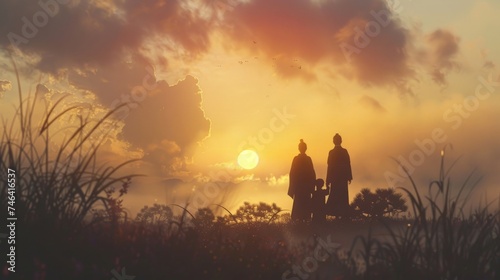 Asian family silhouette during beautiful sunrise