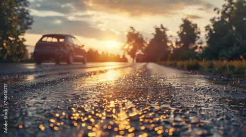 asphalt road at sunset with blur car