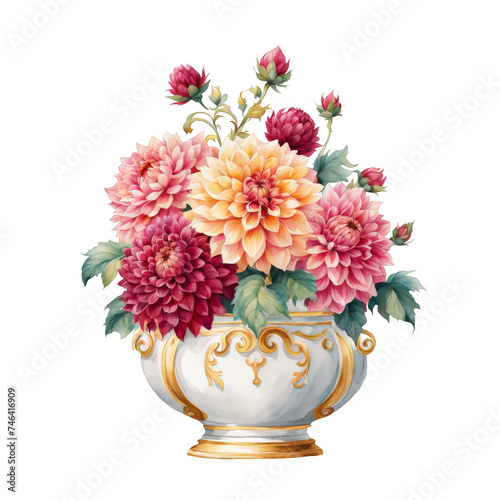Porcelain vase planter adorned with floral motifs watercolor illustration © Art Resources
