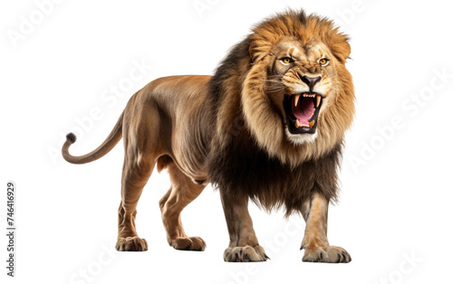 Lion Roaring. A powerful lion is captured in the midst of a roar, its mouth wide open showcasing sharp teeth and a fearsome expression. on a White or Clear Surface PNG Transparent Background.