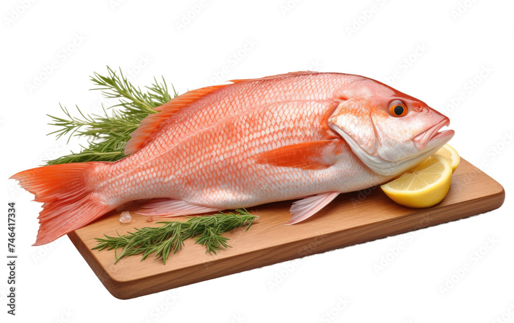 A raw fish ready for preparation lies on a wooden cutting board accompanied by a fresh slice of lemon. The fish appears to be whole and uncooked on a White or Clear Surface PNG Transparent Background.
