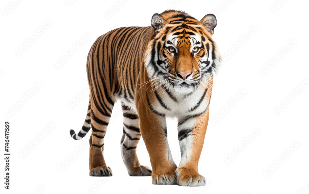 Obraz premium Large Tiger Walking. A powerful and majestic tiger is walking across large size and striking orange and black stripes. on a White or Clear Surface PNG Transparent Background.
