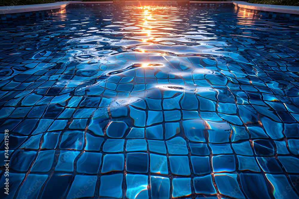 Naklejka premium Sun Setting Over Swimming Pool