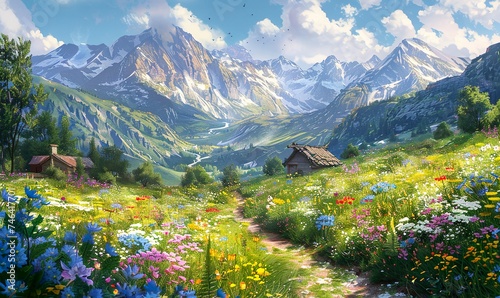 Idyllic springtime mountain scene in the Alps