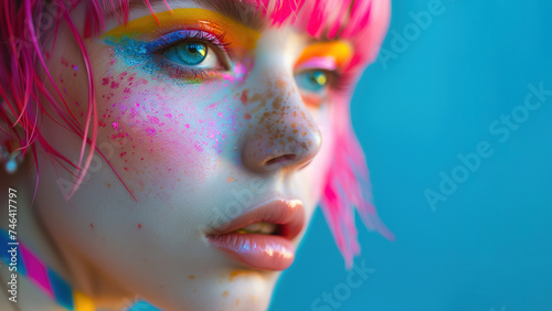 Portrait of a woman with pink hair, creative bright coloring. Bright colored highlights and shadows on the face. Youth makeup.