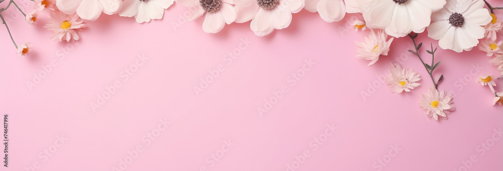 white and pink flowers on pink background. top view.