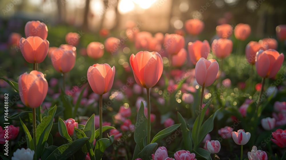 Obraz premium Radiant Tulip Garden at Sunset - Spring's Warm Embrace 