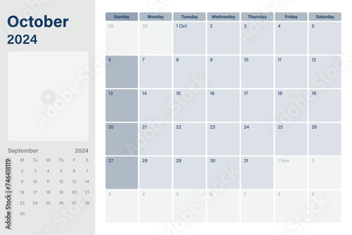 October 2024 calendar desk planner with space for your picture, weeks start on Sunday,  simple white and gray theme, vector design