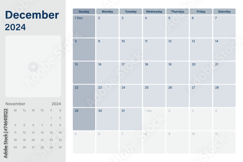 December 2024 calendar desk planner with space for your picture, weeks start on Sunday,  simple white and gray theme, vector design