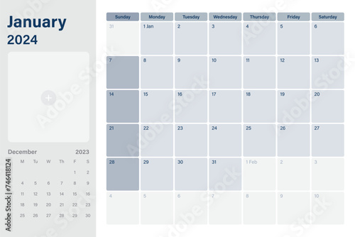January 2024 calendar desk planner with space for your picture, weeks start on Sunday,  simple white and gray theme, vector design